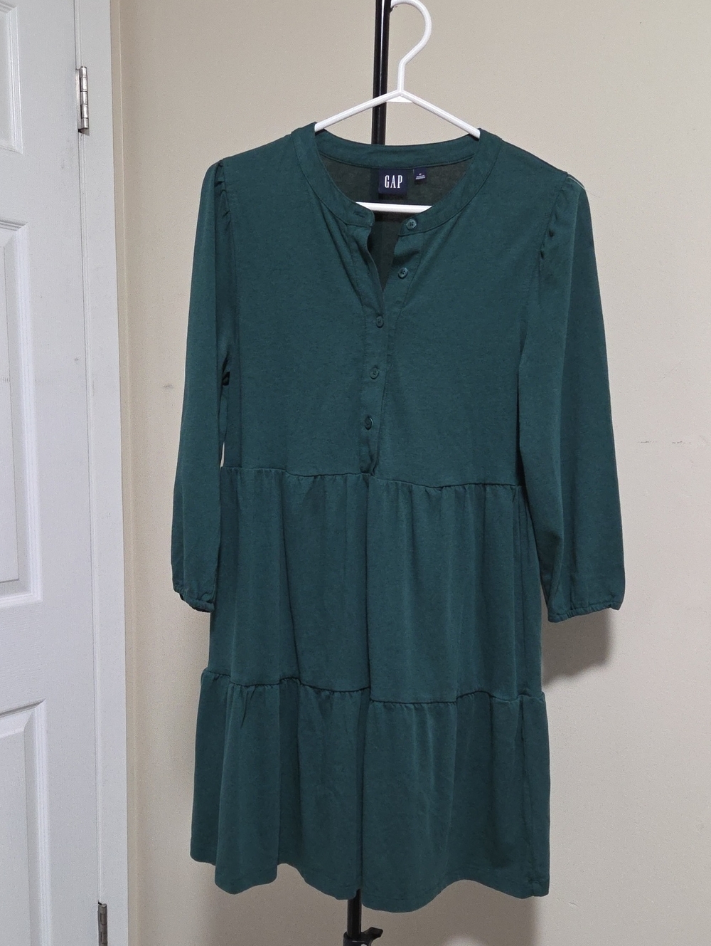 GAP Cotton Blend Dark Teal Tiered Button-Front Long Sleeve Dress